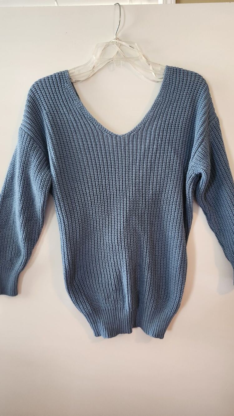 Forever 21 Blue Ribbed Knit Sweater Deep V-Neck Slouchy Women's Size S #417